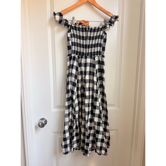 Reformation Hattie Off Shoulder Linen Midi Dress‎ US 0 Gingham Europe Vacation - Picture 4 of 9